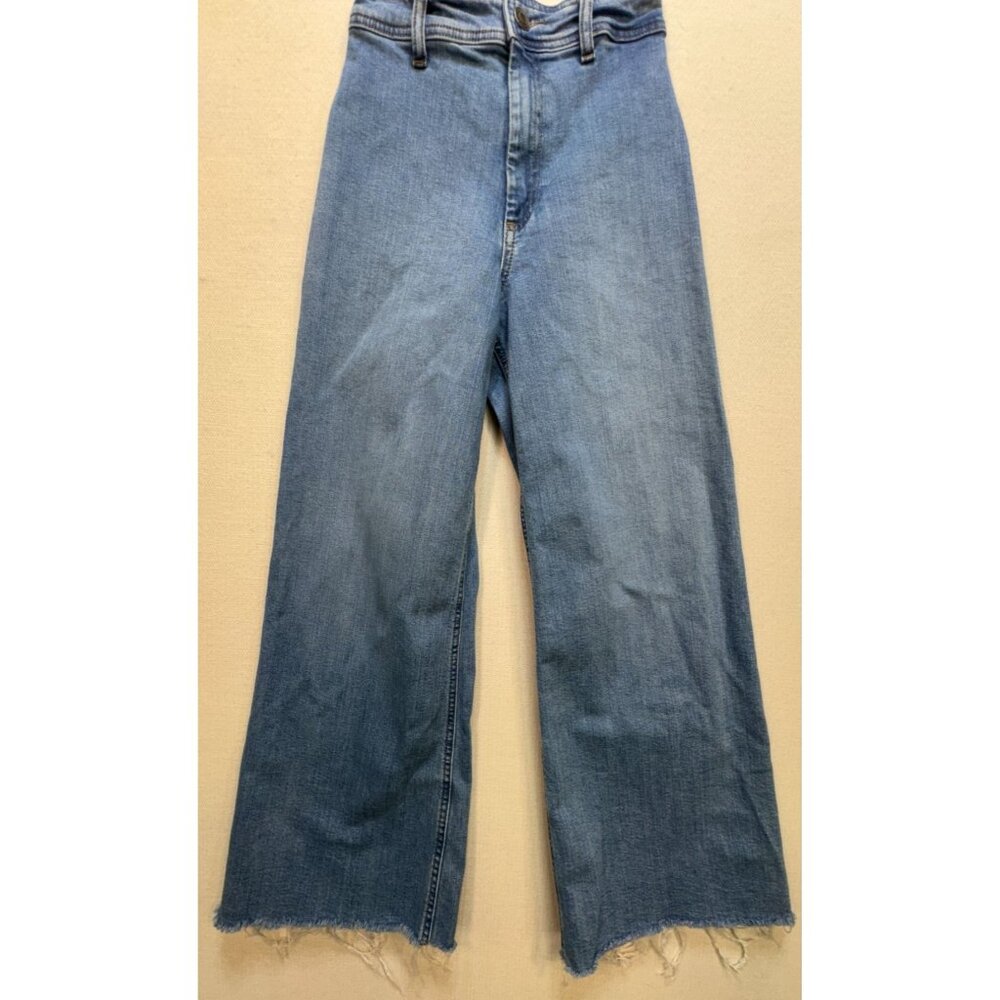 Zara Women's Cotton Crop Jeans Denim Size 2 Solid Blue Stretch Wide Leg Pockets